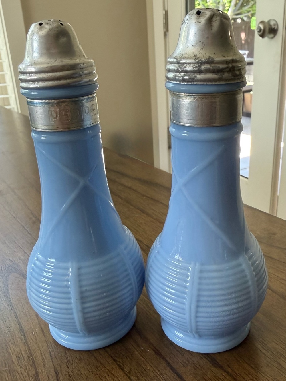 Vintage Jeannette Blue Delphite Milk Glass Salt & Pepper Shakers with Lids